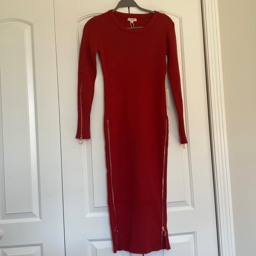For Love and Lemons Red Harley Zippered Midi Dress